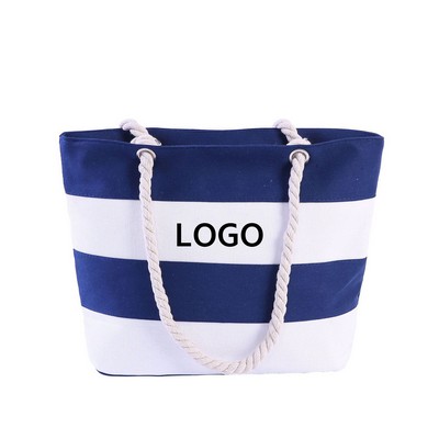 Canvas Striped Beach Tote Bags With Rope Handles