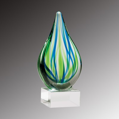 Blue/Green Teardrop Art Glass on Clear Base, 8"H