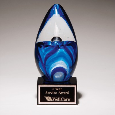 Blue/Clear Egg-Shaped Art Glass on Black Glass Base, 6-1/2"H