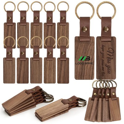 Premium Walnut Rectangle Keychain with Leather Strap