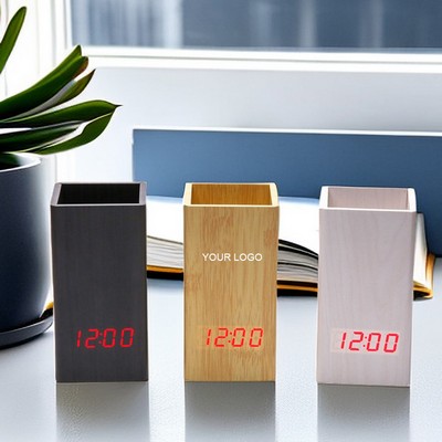 Wooden Digital Clock Pen Holder