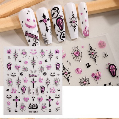Pink Skeleton Sticker Halloween Nail Art Stickers Decals Self-Adhesive Nail Supplies Fingertip Art