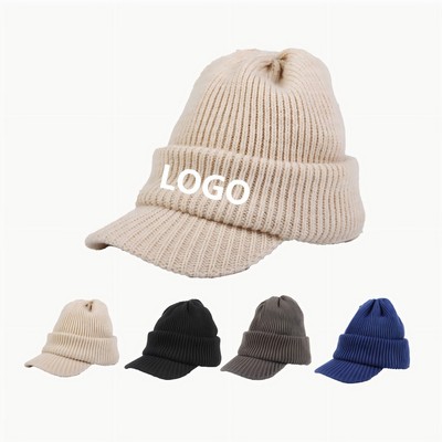 Soft Acrylic Visor Beanie - Ribbed Knit Winter Hat with Brim