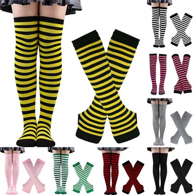 Women's Striped Rainbow Knee-High Socks & Arm Gloves Set