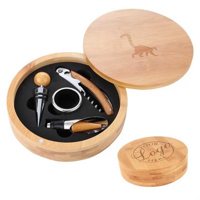 4 - Piece Wine Tool Set in Round Redwood Box