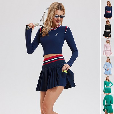 Women Long-Sleeve O Neck Slim Yoga Color Blocking Crop Top