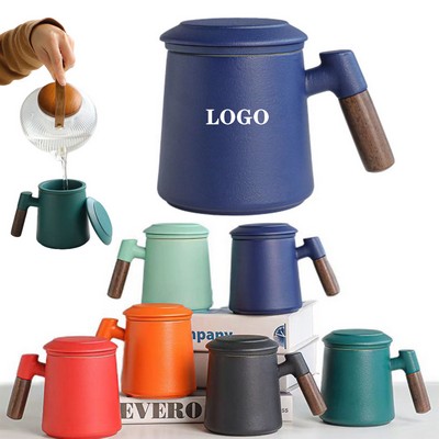 12Oz Tea Cup With Infuser And Lid Tea Steeper Wood Handle