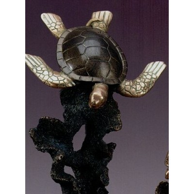 Bronze Finish Sea Turtle Trophy w/Coral & Round Base (8"x11.5")