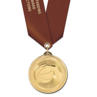 Basketball Brite Laser Medal w/Satin Neck Ribbon (2")