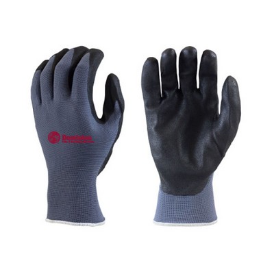 Black Sandy Foam, Nitrile dip, work glove, blue shell, screen printed