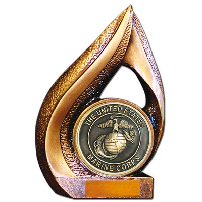Stock 9" Flame Trophy with 2" US Marine Corp Coin and Engraving Plate