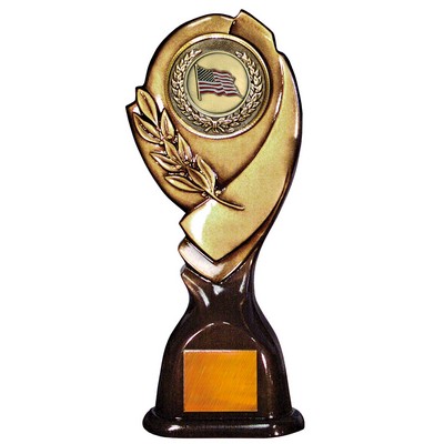 Stock 15" Classic Trophy with 2" US Flag Coin and Engraving Plate