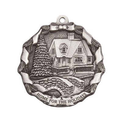 Mini Stock Design Happy Holidays Farmhouse Snow Scene Pewter Ornament