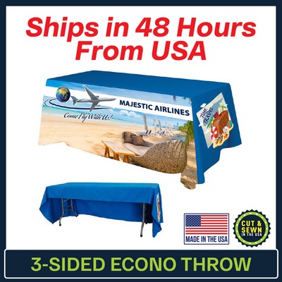 6' x 30"T x 29"H - 3 Sided Hemmed Economy Table Throw - Dye Sublimated - Made in the USA