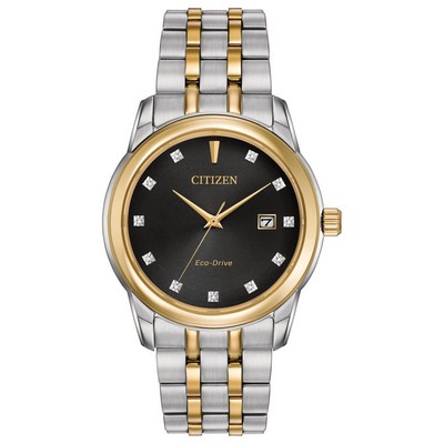 Citizen® Men's Diamond Collection Eco-Drive Two-Tone SS Watch W/ Black Dial & Diamond Marker