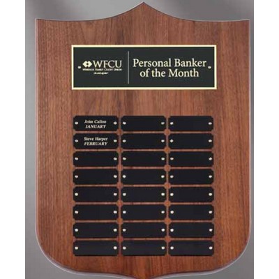 12" x 16" Walnut Shield Perpetual Plaque w/24 Name Plates