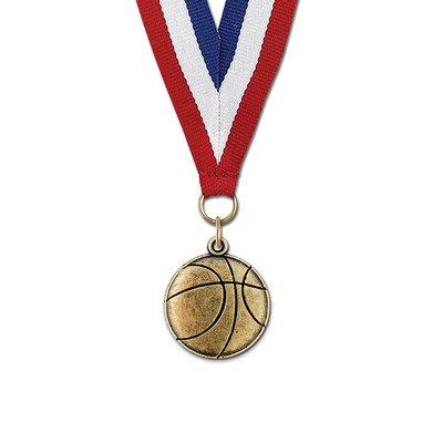 Basketball Cast CX Medal w/Red/White/Blue or Year Grosgrain Neck Ribbon (1 1/8")