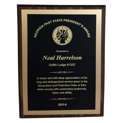 RUSH AWARD/Walnut Finish Plaque w/Brass Face Plate & Gold Back plate (9"x12")