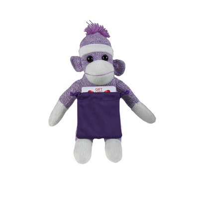 soft plush Purple Sock Monkey with gift card sack