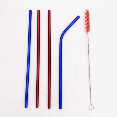 5-Piece Stainless Steel Solid Color Straw Set Into Cotton Carrying Pouch