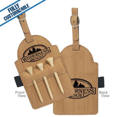 Bamboo Leatherette - 5X3.25" Golf Bag Tag With 3 Wooden Tees