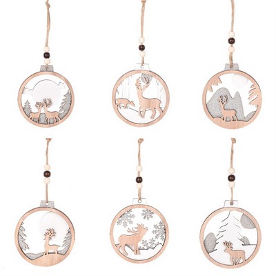 6pcs Round Hollowed Out Plywood Decorative Christmas Tree Ornaments Kit With Hemp Rope