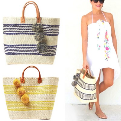 Straw Striped Beach Tote Bag
