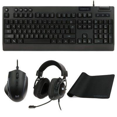 Monster Campaign Gaming Bundle, Black - Keyboard, Mouse, Headset, Mouse Pad
