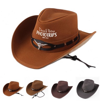 Men Trendy Leather Cowboy Hat with Pull-On Closure