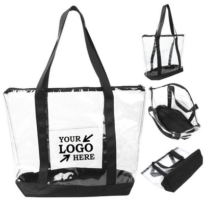 Clear Zippered See Through Tote Bag w/ Front Pocket