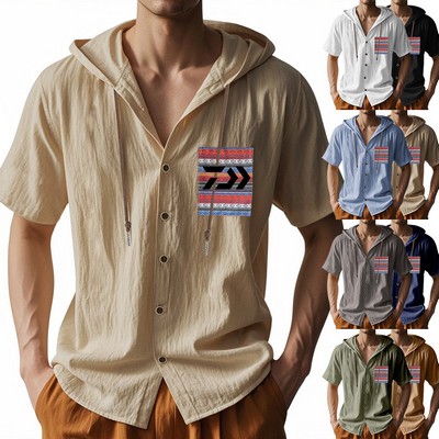 Lightweight Linen Americana Loose-Fit Hooded Short-Sleeve Shirt with Pocket