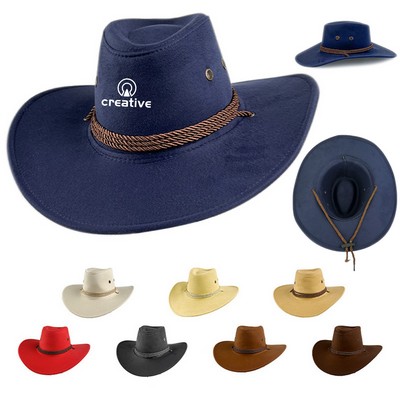 Wide-Brim Cowboy Hat with Faux Leather Rope