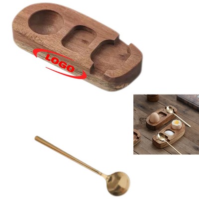Acacia Wooden Egg Tray With 304 Stainless Steel Gilded Spoon