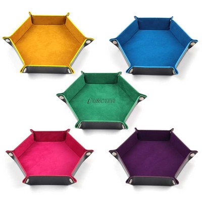 7'' x 7'' Hexagonal Foldable PU Leather Dice Tray / Valet Tray, Portable Multi-Purpose Storage Tray