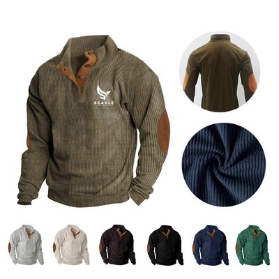 Mens Warm Corduroy Sweatshirt Casual Stand Collar Quarter Fall Metal Button Pullover Sweaters