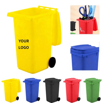 Plastic Desk Trash Can With Lid Pen Holder