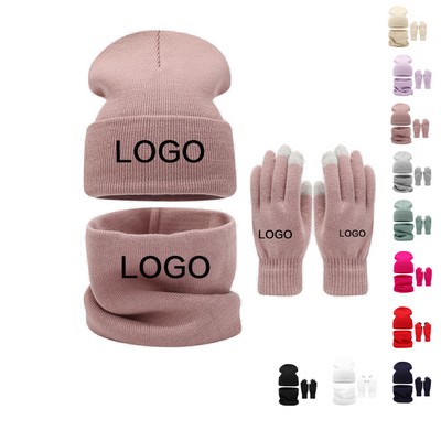 Unisex Solid Color Winter Warm Soft Knitted Beanie Hat Scarf Touch Screen Gloves Sets