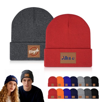 Cuffed Knit Beanie With PU Leather Patch