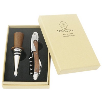 Laguiole Deluxe Gift Set w/Olivewood Brown Corkscrew & Stopper