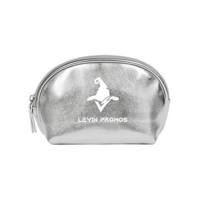 Shell-Shaped Metallic Silver PU Leather Cosmetic Bag