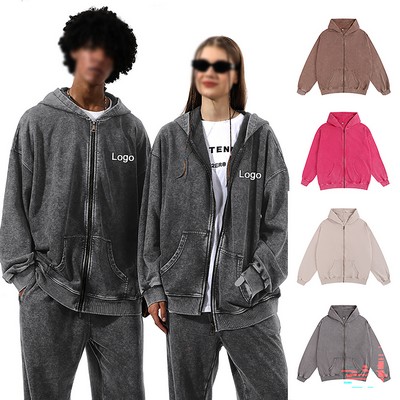 350G Waxed Wash Distressed Vintage Heavy Cotton Zip Up Hoodie