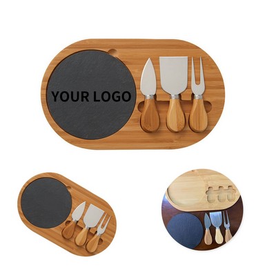 Bamboo Cheese Board Set with Slate Serving Plate Stainless Steel Tool
