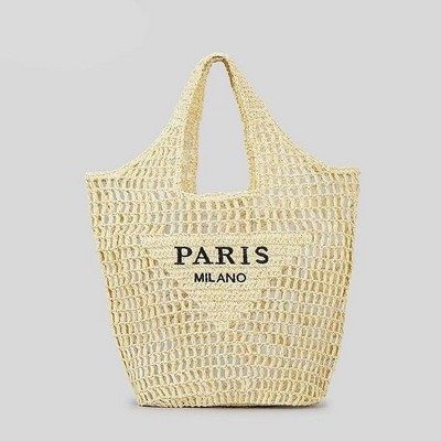 Minimalist Alphabet Embroidered Mesh Tote Hand-Woven Hollow-Out Straw Handbag Personalized Light