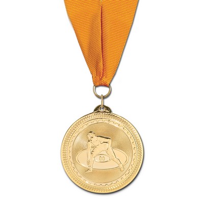 Wrestling Brite Laser Medal w/Grosgrain Neck Ribbon (2")