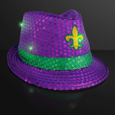 Mardi Gras Sequin Fedoras with Flashing Jade LEDs - BLANK