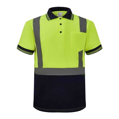 Collared Polo Shirt Safety Yellow/ Neon Green with Navy Bottom ANSI Class 2