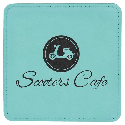 Square Coaster, Teal Faux Leather, Engraved, 4x4"