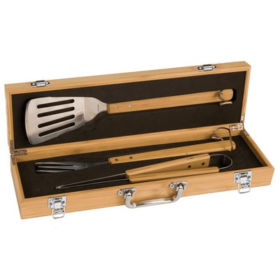 3 Piece Bamboo BBQ Set in Bamboo Case