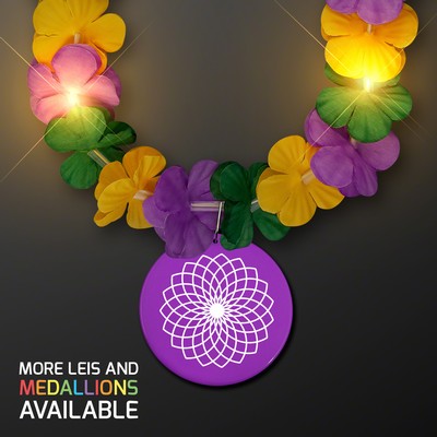 Mardi Gras Lei Light Up Flower Necklace with Purple Medallion - PRINTED