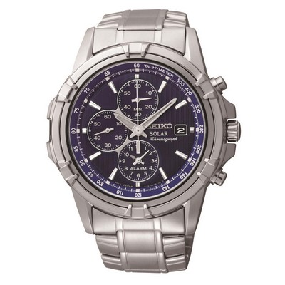 Seiko® Men's Solar Alarm Chronograph Silver Case w/Blue Dial Watch